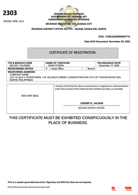 Philippines certificate of registration Word and PDF template, version 4
